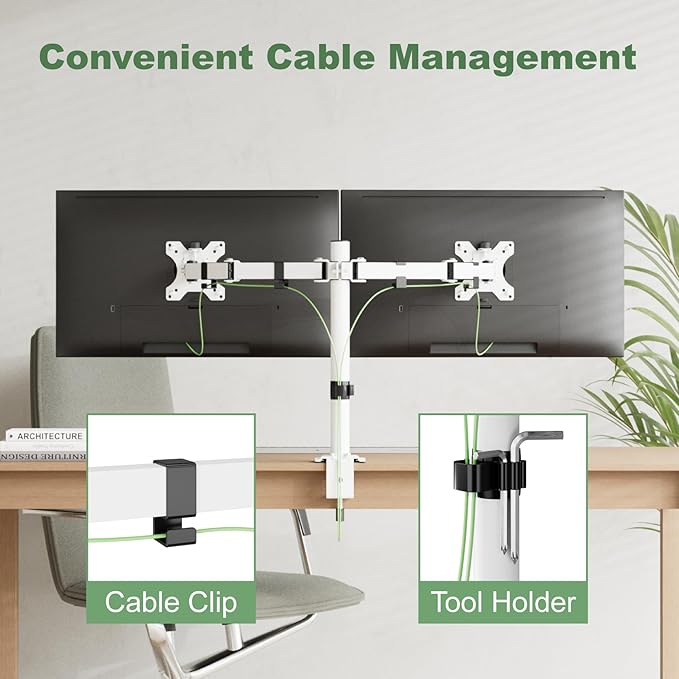 Dual Monitor Mount Stand for Two 17"-32" Flat/Curved Computer Screens, Fully Adjustable Dual Monitor Arms Hold up to 17.6lbs, VESA 75x75/100x100mm, C-Clamp/Grommet Base, White