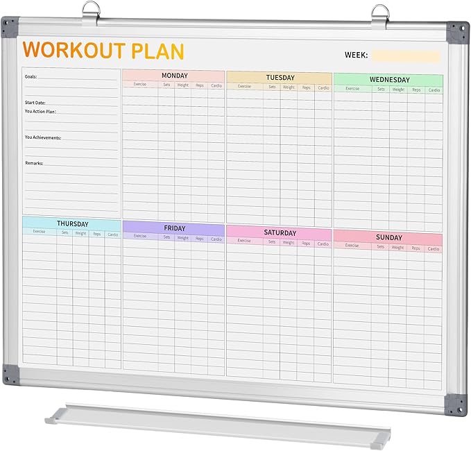 Fitness Tracker Magnetic Whiteboard Workout Plan Dry Erase Board for Wall 24'' x 18'',Hanging Mounted Weekly Fitness Tracker Gym Exercise Tracker Schedules and Checklists