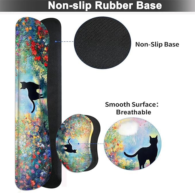 Large Mouse pad and Keyboard Support Set, Ergonomic Memory Foam Keyboard Wrist Rest, Extended Gaming Mouse Pad with Stitched Edges, Black Cat in The Garden XXL Desk Mat (31.5 X 11.8 in)