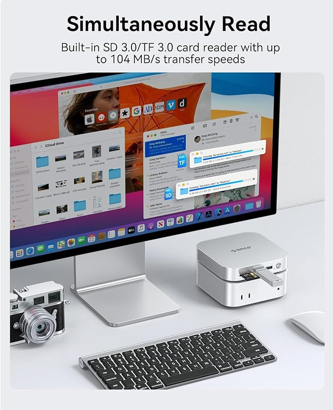 ORICO MiniLink Mac mini M4 USB Hub Compatibility with NVME/SATA M.2 SSD Enclosure, 9-in-1 Aluminum Dock,2 ×USB A 10Gbps, 2 × USB A 2.0,3.0 SD/TF Card Readers, 3.5mm Headphone & Microphone Jacks(M49P)