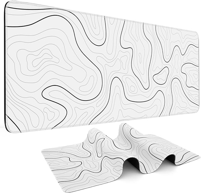 Mouse Pad Gaming Mousepad 31.5 x 11.8 in Large Mouse Pad for Keyboard and Mouse with Anti-Slip Rubber Base, Keyboard Pad XL Mouse Mat for Home and Office(White with Black Topographic Line)