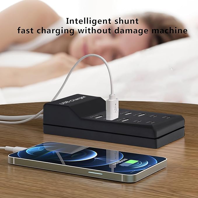 USB Charger,50W USB Charging Station with 10-Port (6 USB-A Port & 4 USB-C Port) Compatible with iPhone 15/14/13/12/11/X/8/7/6 Phones, Watch,Tablets, Smartphones Black