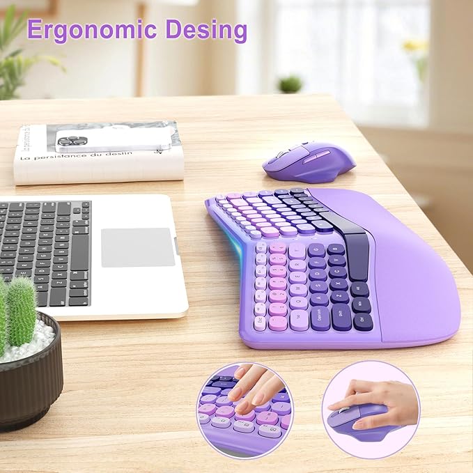 Ergonomic Wireless Keyboard and Mouse, Mechanical Gaming Set with Wrist Rest & OTG & Brush Ideal for Windows PC, Home, Office and College Purple