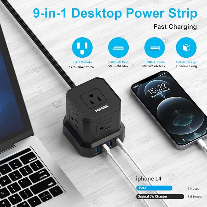 TOPREK Power Strip with USB, USB C (3.0A) Power Strip with 5 Outlets, 1 USB-C & 3 USB-A, 5 FT Flat Extension Cord with Ultra Thin Flat Plug, Surge Protector Compact for Home Office, Dorm, Hotel Travel
