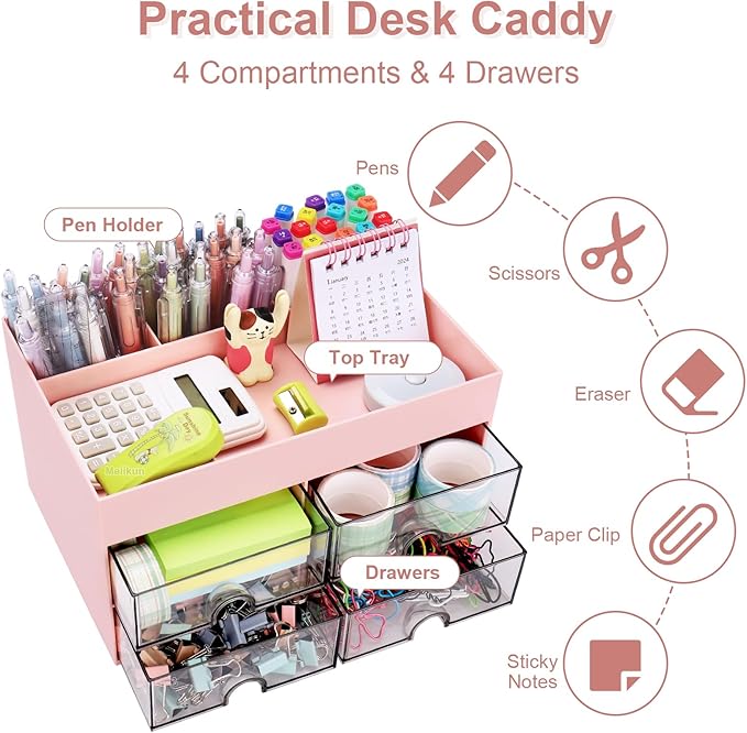 Desk Organizer, Office Organizer with Drawer, Desk Accessories & Workspace Organizers, Pen Holder Office Supplies for Desk (4 Drawers+4 Compartments, Pink)