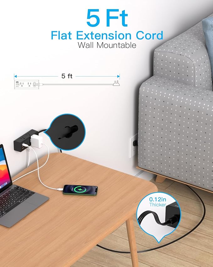 5Ft Extension Cord with Multiple Outlets, Flat Plug Power Strip Surge Protector with 5 Ft Long Cord, 6 Outlet 3 USB Ports (1 USB C), Multi Outlet Wall Plug for Travel, Dorm Room Essentials-Black