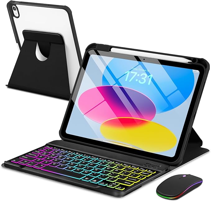 Case with Keyboard Mouse for iPad A16 11th 10th Generation 11/10.9 inch,Rainbow Backlit Detachable Keypad Rotatable Magnetic Cover with Pencil Holder for iPad 11 2025 10 Gen 2022 Black