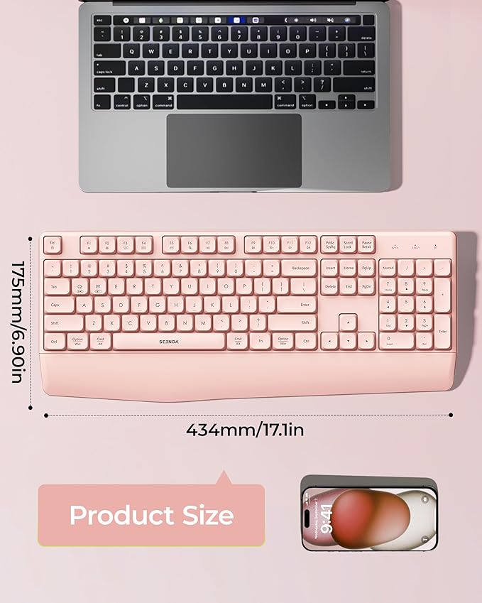 seenda Bluetooth Wireless Keyboard, Wireless Ergonomic Keyboard with Wrist Rest, Multi-Device Bluetooth Keyboard with Number Pad, Full-Size Keyboard for Computer/Laptop/Mac/MacBook, Pink