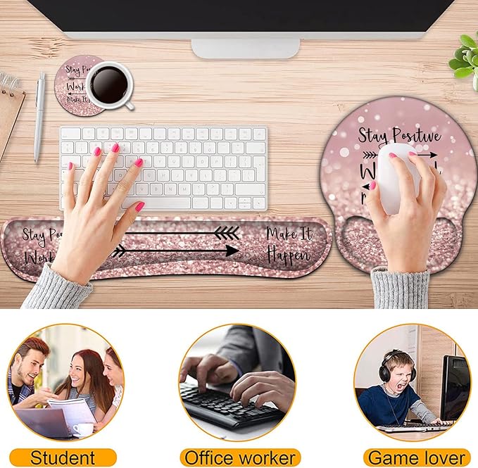 Keyboard Wrist Rest and Mouse Pad with Wrist Support, Ergonomic Mouse Pad Coaster, Easy Typing Pain Relief, Memory Foam Keyboard Mousepad Set,Stay Positive Work Hard and Make It Happen Pink
