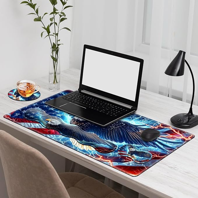 Gaming Mouse Pad Set, American Flag Eagle Large Desk Mat Mousepad, Keyboard Wrist Support, Mouse Wrist Rest, Coaster 4in1 Ergonomic Memory Foam, Non-Slip Stitched Edge for Home Office