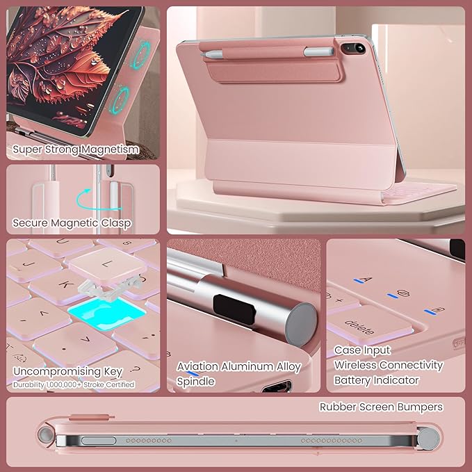 for iPad 11th(A16, 2025)/10th Generation Case with Keyboard, Magic Keyboard 2022, Springy Backlit Keys, Stain-Resistant Surface, Multi-Touch Trackpad,Pink