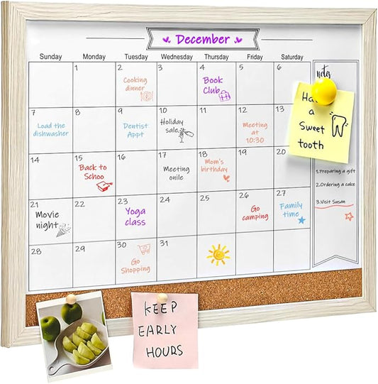Dry Erase Calendar Whiteboard for Wall, Small Combination Magnetic Dry Erase White Board & Bulletin Board, 13" x 17"，White Frame Calendar/Cork Combo Board(WH-3343)
