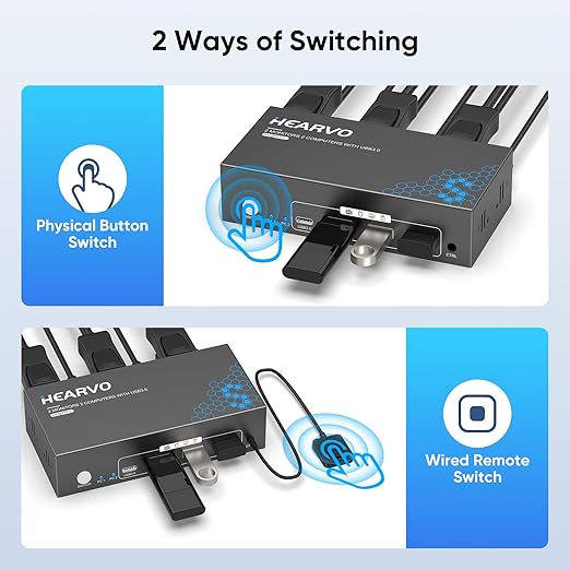 Hearvo HDMI DisplayPort KVM Switch 2 Monitors 2 Computers, 8K@60Hz Dual Monitor KVM Switcher with HDMI 2.1 & DisplayPort 1.4, USB 3.0 Hub,with Controller & 2 USB Cables & EDID Adaptive -7240PH2