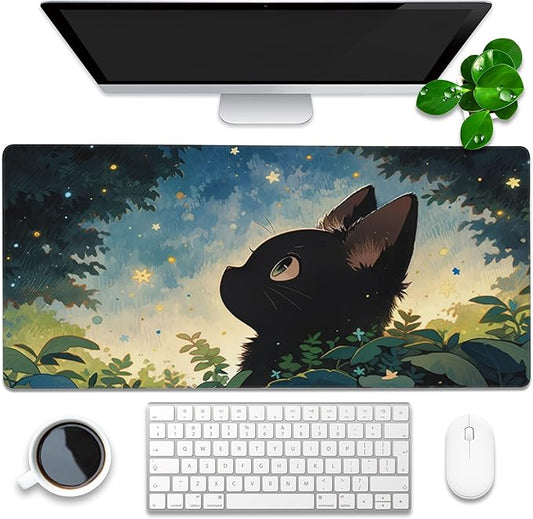 Desk Pad, Anime Cute Black Cat Extended Gaming Mouse Pad Large, 35.4"x15.7" Big Mouse Pad with Non-Slip Base and Stitched Edge, Long Computer Keyboard Mouse Mat for Home Office Work