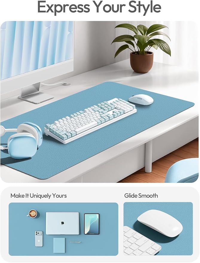 YSAGi Leather Desk Protector, Office Mat, Large Mouse Mat, Non-Slip PU Leather Blotter, Laptop Desk Pad, Waterproof Writing Pad for Office and Home (Sea Blue, 23.6" x 13.8")