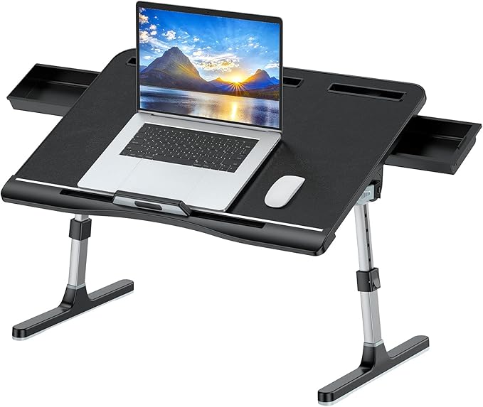 KLEAR Laptop Bed Tray Table [Luxury PVC Leather], Adjustable Laptop Desk for Bed, Foldable Lap Desk with 2 Drawers, Multifunctional Lap Table for Working, Eating, Writing, Gaming, Drawing (Black)