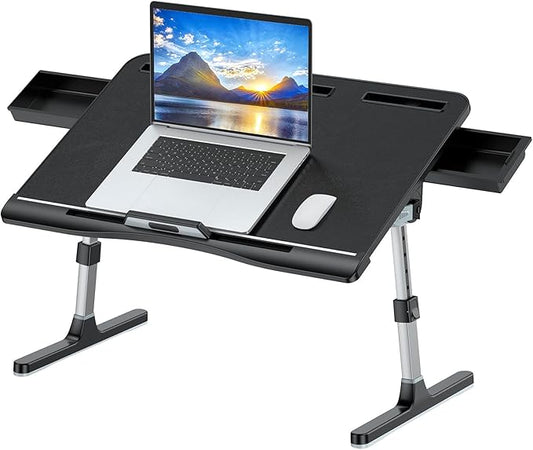 KLEAR Laptop Bed Tray Table [Luxury PVC Leather], Adjustable Laptop Desk for Bed, Foldable Lap Desk with 2 Drawers, Multifunctional Lap Table for Working, Eating, Writing, Gaming, Drawing (Black)