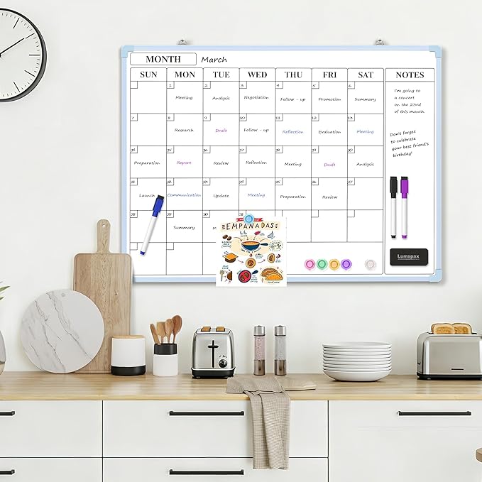 Monthly Whiteboard Calendar for Wall, 24" x 18" Dry Erase Board with Plastic Frame, Hanging Dry Erase Calendar with 3 Mini Sticky Notes for Kitchen Planner, Memo, Home and Office, Blue