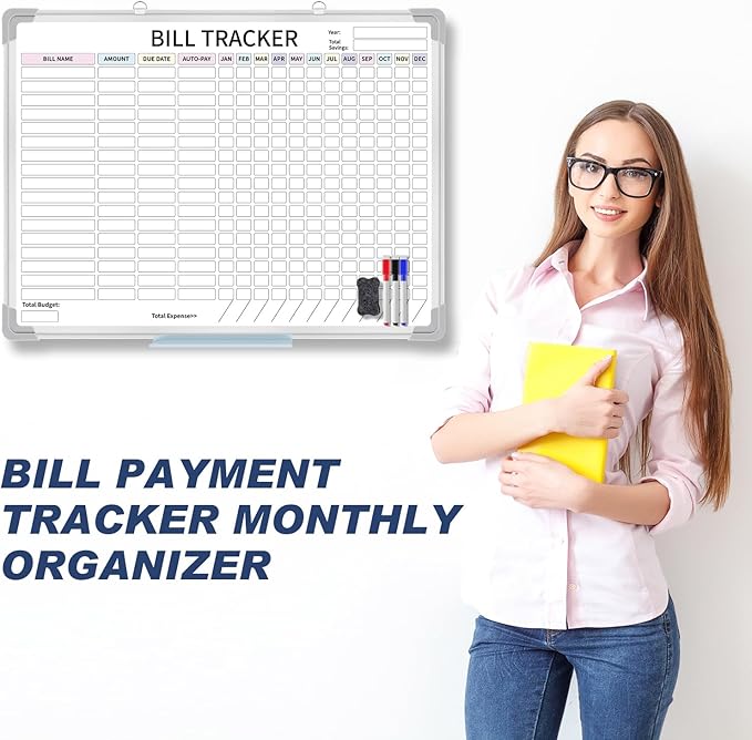 24 x 18 Inch Monthly Bill Payment Tracker Organizer Whiteboard Aluminum Frame Wall Monthly Bill Payment Checklist Magnetic Dry Erase Board Planner for Personal Budgeting Financial(Classic)