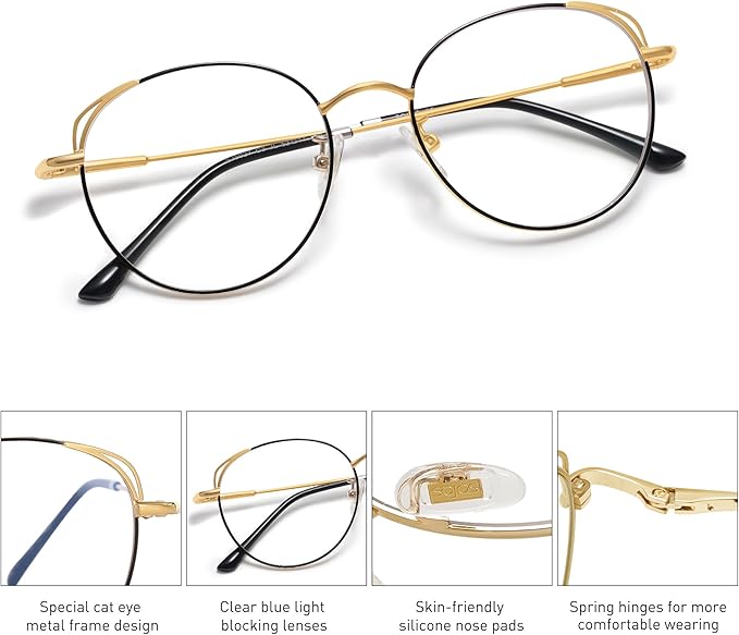 SOJOS Cat Eye Blue Light Blocking Glasses for Woman Hipster Metal Frame Womens Eyeglasses She Young SJ5027