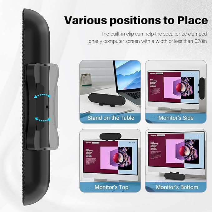 Computer Speakers for Desktop Monitor,Single Speakers for Desktop PC,Laptop Speaker with Loud Sound,Volume Control Easily Clamps to Monitors(USB-C to USB Adapter Included) (Black)