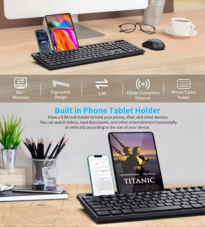 Wireless Keyboard and Mouse Combo, 2.4Ghz Rechargeable, 114-Key Full Size Keyboard with RGB Backlight, Phone Tablet Holder, Silent Ergonomic Keyboard & Mouse for Home, Office, Gaming