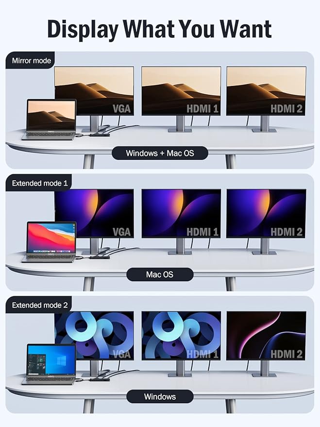 Lemorele USB C Docking Station Dual Monitor 10- in-1 Triple Display Laptop Hub Multiport Adapter w/2 HDMI 4K+VGA+3 USB3.0/2.0+TF/SD 2.0+Audio+100W PD, USB C Dongle for Mac/Dell/HP/Lenovo/Surface