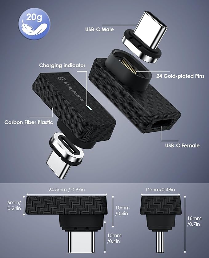 Magtame USB C Magnetic 90 Degree Adapter 240W Plastic Carbon Fiber, 24Pin USB-to-USB Adapters Right Angle USB C Adapter, 40Gbps Fast Charge & 4K Video, Protect Port for iPhone 17/16,Galaxy