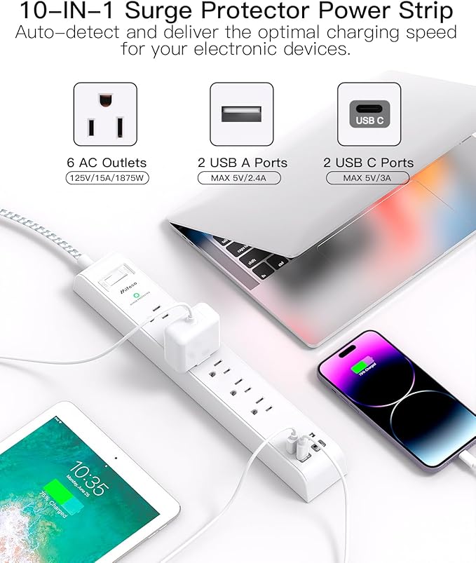 Flat Plug Extension Cord 25FT, Surge Protector Power Strip with 2 USB A Ports 2 USB-C 6 AC Outlets, USB Charging Station, Wall Mountable for Home, Office, Dorm Essentials, 1080J, ETL Listed