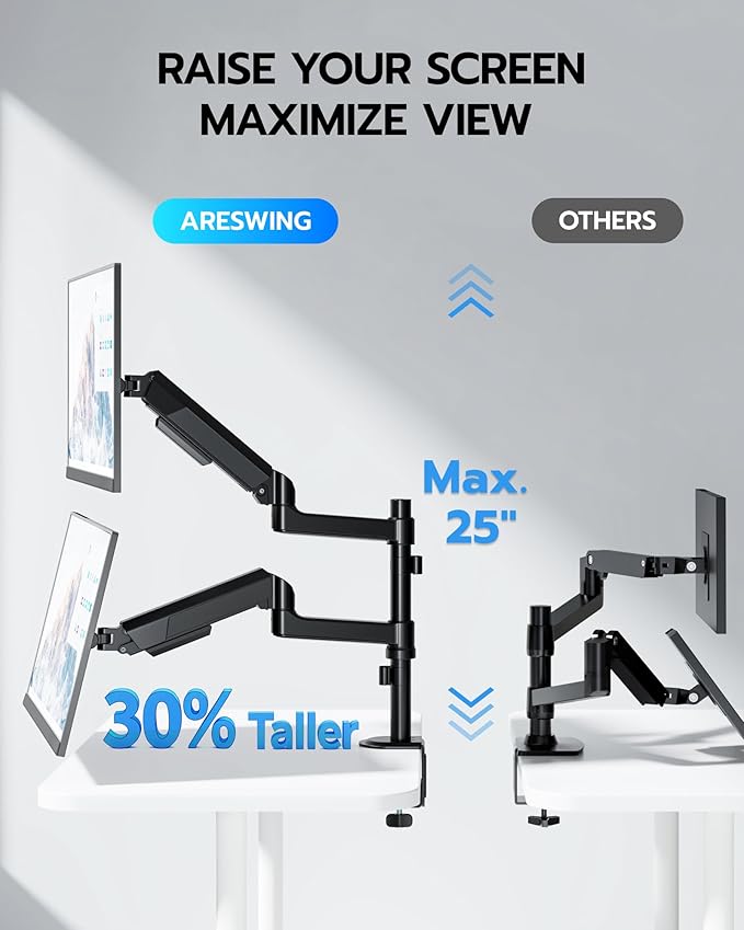 ARES WING Dual Monitor Mount - Ultrawide Monitor Arm for 40 34 32 27 Inch Heavy Duty Curved Screen Up to 26.4 lbs with Clamp/Grommet Desk Mount, 75/100 Vesa Mount, Black