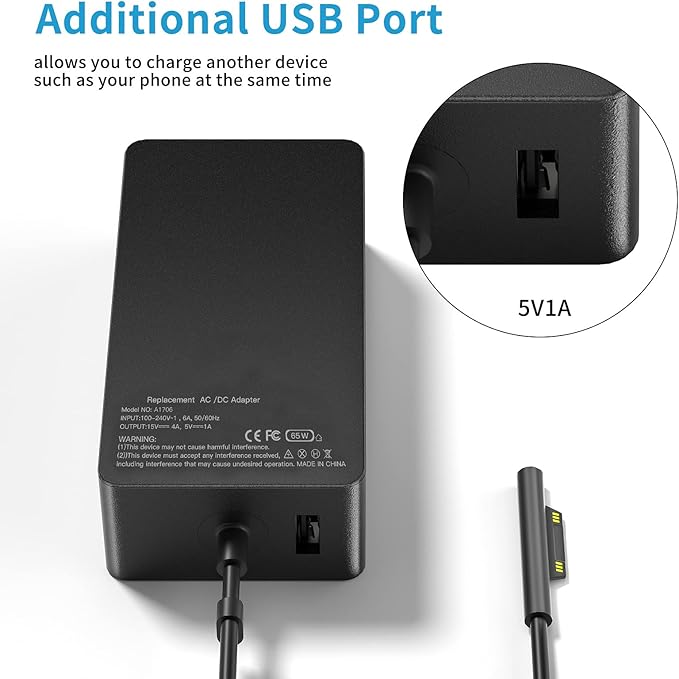 65W Surface Pro Laptop Charger for Microsoft Surface Pro 10/9/8/7/6/5/4/3/X, Windows Surface Laptop 6/5/4/3/2/1, Surface Book 3/2/1, Microsoft Surface Go 3/2/1, Surface Charger Supports 44W 36W
