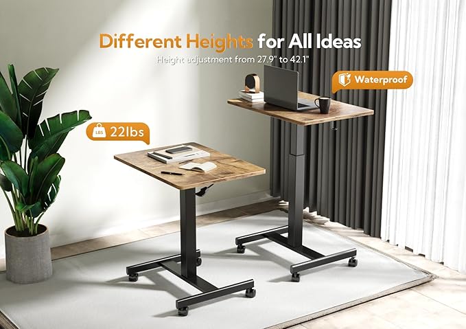 Claiks Mobile Standing Desk, Small Rolling Adjustable Desk with Wheels, Pneumatic Mobile Laptop Desks Workstation with Hook, Rustic Brown