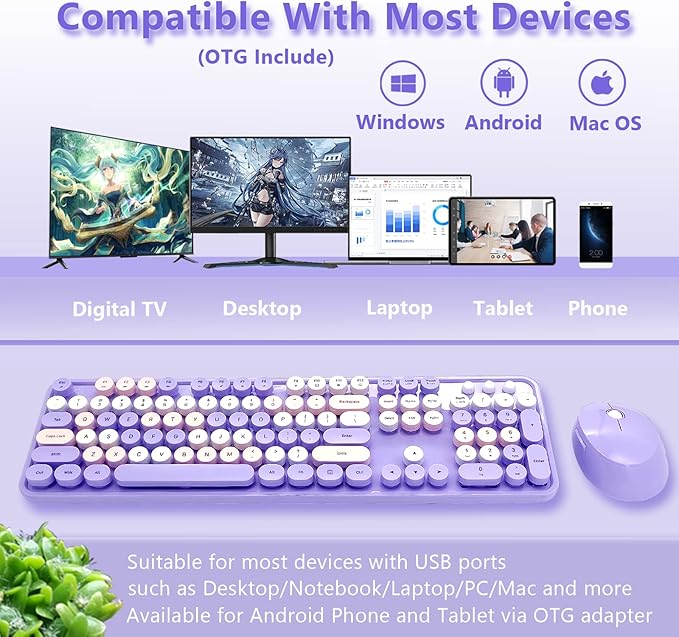 Wireless Keyboard and Mouse Combo, Ergonomic Cute Retro Typewriter Full Size Colorful USB Cordless Keyboard Mouse Set for Gaming and Office (Purple)