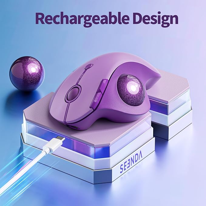 seenda Wireless Trackball Mouse, Bluetooth - Ergonomic Rollerball Mouse Rechargeable, 3 Device Connection Optical Mice Adjustable DPI Thumb Control Mice Compatible for Mac/Android/Windows - Purple