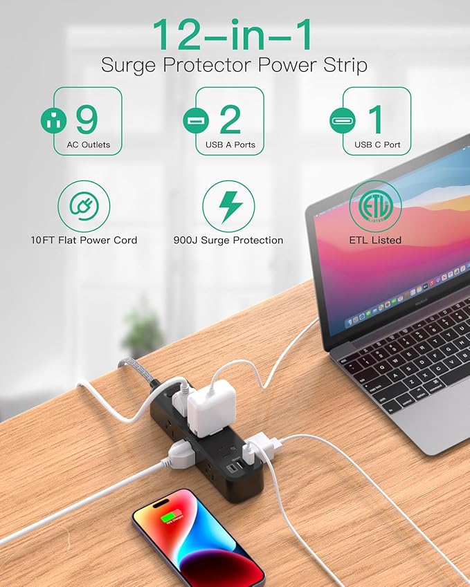 Mifaso Extension Cord, Surge Protector Power Strip, Long Power Strip with 9 Outlets 3 USB Ports, Extension Cord with Multiple Outlets, USB Power Strip for Dorm Room Essentials, College(10FT, Black)
