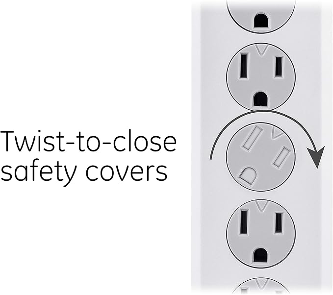 GE home electrical GE 6-Outlet Surge Protector, 4 Pack, 15 Ft Extension Cord, Power Strip, 800 Joules, Flat Plug, Twist-to-Close Safety Covers, Protected Indicator Light, UL Listed, White, 54651