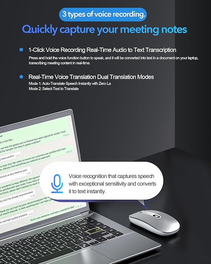 AI Wireless Mouse for Laptop PC- Enabled Bluetooth Mouse with Voice Recording & AI Summarize,Ergonomic Presenter Laser Pointer Remote,USB Rechargeable High-Performance Office Device
