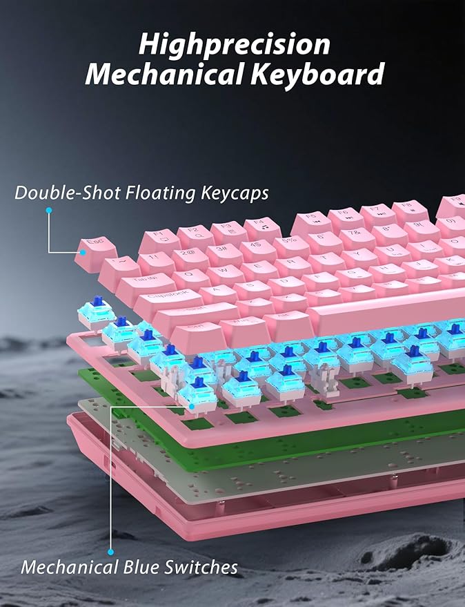 Wireless Mechanical Keyboard and Mouse Combo, 98-Key Gaming Keyboard with RGB Backlit, Tri-Mode BT5.0/2.4G/USB-C, 4000mAh Battery, 3200 DPI Gaming Mouse with Mouse Pad for PC, Laptop (Pink -Light)