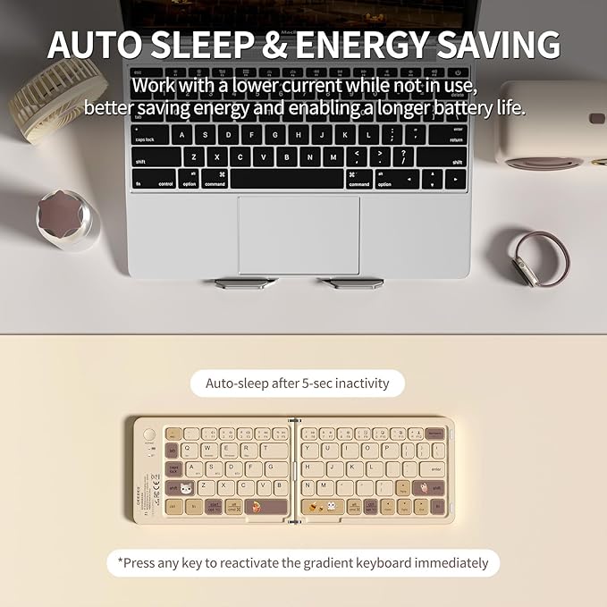 Foldable Mini Bluetooth Keyboard, Portable Compact Wireless Rechargeable Keyboard with 67 Slim Quiet Keys, Cute Pocket-Sized Travel Keyboard for iPad iPhone Android Tablet Mac Windows-Milk Tea Color