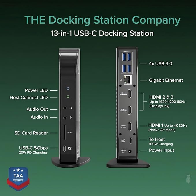 Plugable USB-C Triple Monitor Docking Station: 13-in-1 Laptop Dock with 100W Charging for Mac (DisplayLink Driver Required), Windows, Chrome, 3 HDMI, Gigabit Ethernet, SD, USB-C 20W, 4 USB - UD-ULTCDL