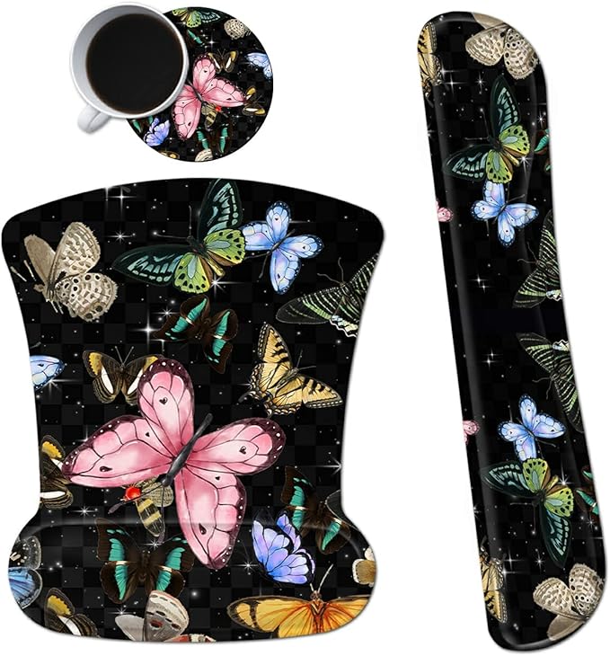 Ergonomic Mouse Pad with Wrist Support Gel Mouse Pads and Upgrade Keyboard Wrist Rest Pad Set, Coasters Non-Slip PU Base Mouse Mat for Office Gaming Computer Laptop Home, Glitter Butterfly