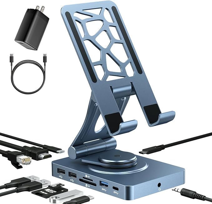 NEWQ iPad Docking Station Stand, 11-in-1 Adapter with 4K@120Hz HDMI, 10Gbps USB Ports, SD/TF 4.0 Reader, RJ45, Audio, for Tablets, Steam Deck, ROG Ally, Legion Go, Msi Claw(with 65W Adapter)