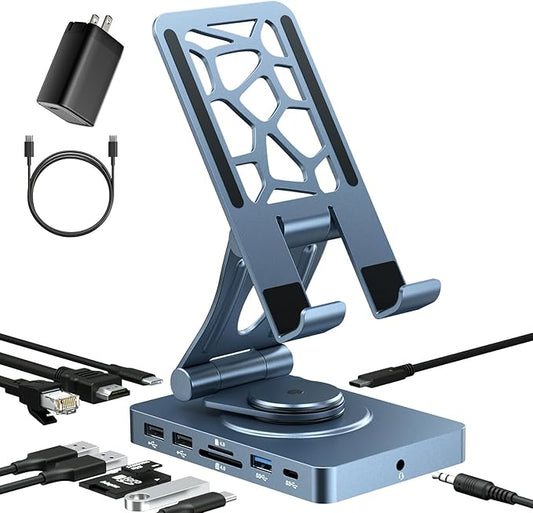 NEWQ iPad Docking Station Stand, 11-in-1 Adapter with 4K@120Hz HDMI, 10Gbps USB Ports, SD/TF 4.0 Reader, RJ45, Audio, for Tablets, Steam Deck, ROG Ally, Legion Go, Msi Claw(with 65W Adapter)