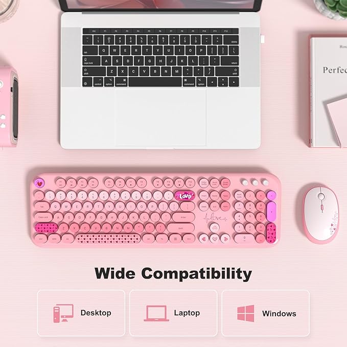 MOFII Wireless Keyboard and Mouse Combo, Cute Keyboard Full Size and Wireless Mouse, 2.4GHz Retro Typewriter Keyboard Wireless Mouse Set for PC/Desktop/Laptop/Windows (Pink Colorful)