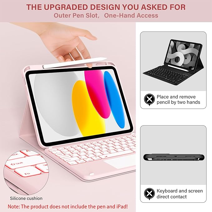 for iPad A16 11th 10th Case with Keyboard: Backlit Keyboard Case with Trackpad & Pencil Holder, Magnetic Detachable for Students Daily Learning & Note-Taking, Baby Pink