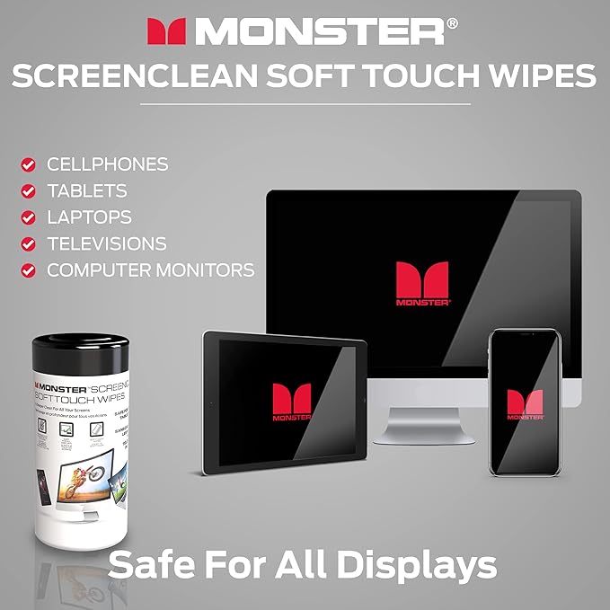 Monster Screen Cleaner Kit, 60 mL, Microfiber Cloth, White/Black/Red, Water Resistant, for TVs, Laptops, Tablets, Smartphones, Car Touch Screens, Eyeglasses