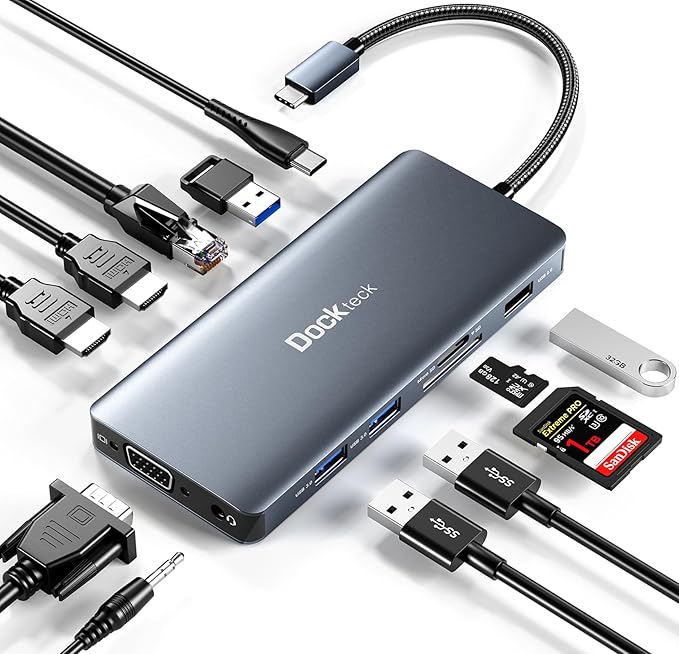 USB C Docking Station, dockteck 12 in 1 USB C Hub Adapter with 2 HDMI 4K, VGA, Ethernet, 4 USB-A Ports, Audio, 100W PD, SD/TF Card Reader for MacBook Pro Air, XPS, Surface