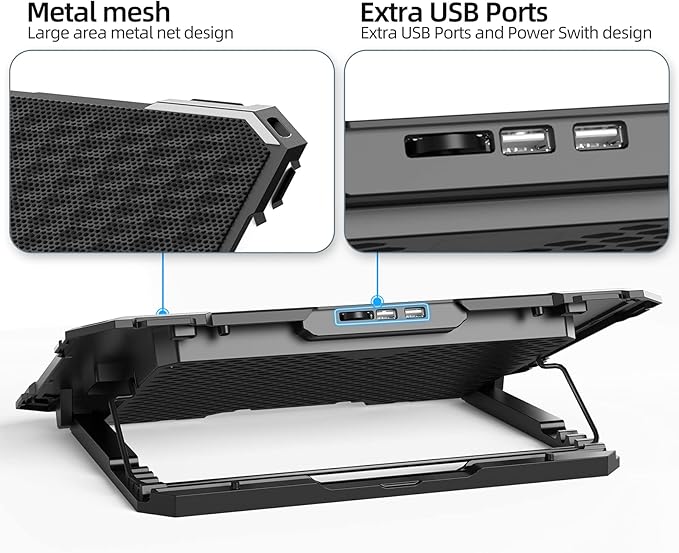 Upgrade Laptop Cooling Pad,Gaming Laptop Cooler with 5 Quiet Fans,2 USB Ports,5 Adjustable Stand Height,Blue LED Lights,for 15.6 Inch Laptops