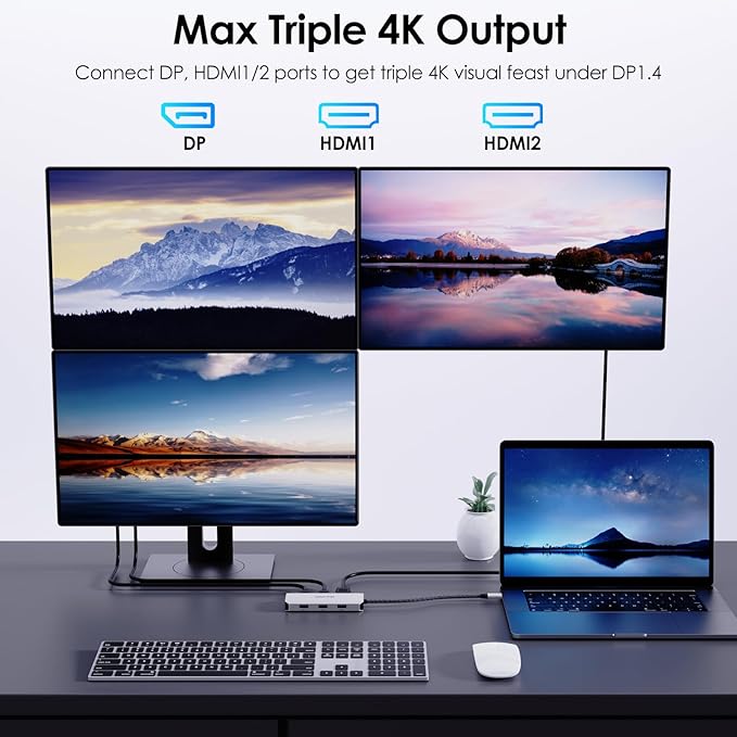USB C Docking Station, Docking Station Quad Monitors with Dual HDMI,DP,VGA,3* USB-A2.0 for Wireless Device,Compatible with Lenovo, HP, Dell, Windows System Computer