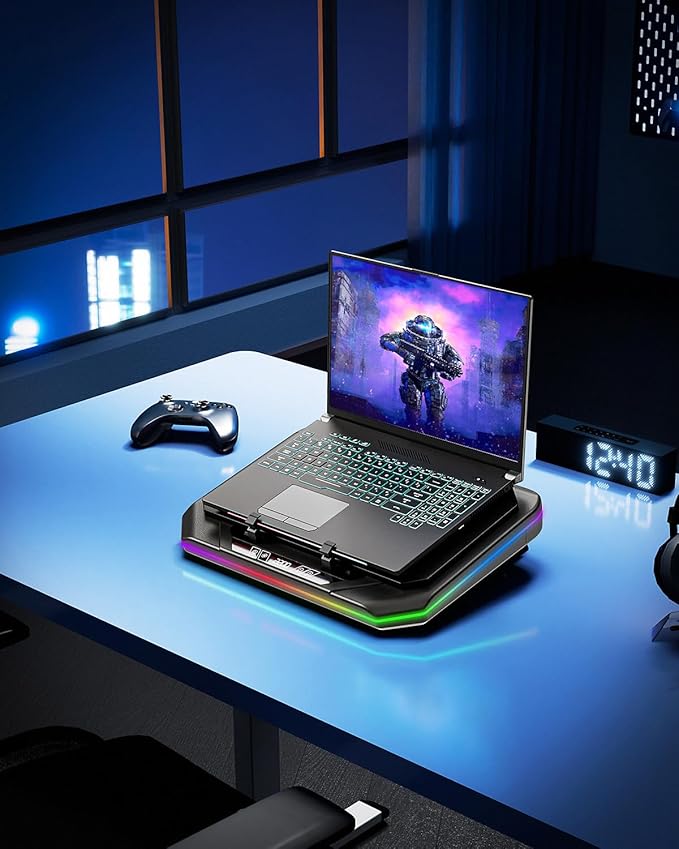 Gaming Laptop Cooling Pad, Height Adjustable Laptop Fan Cooling Pad for Max 19 Inches Notebook, RGB Laptop Cooler Stand with Powerful Turbofan (3500 RPM), Touch Control